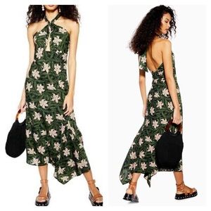 NWT Topshop Hibiscus Floral Halter Neck Midi Dress Green and Pink Size 12